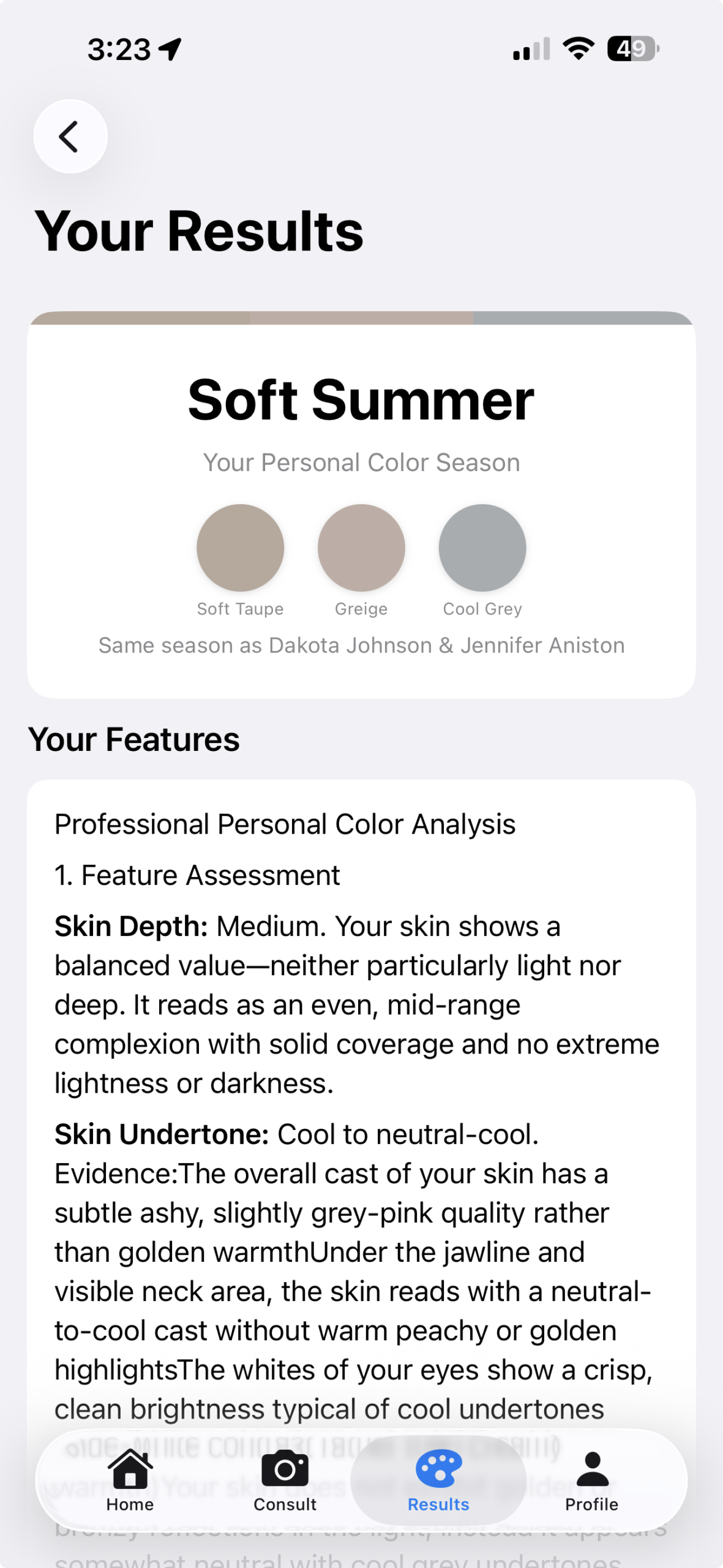 Hue Are You app screenshot showing color season results